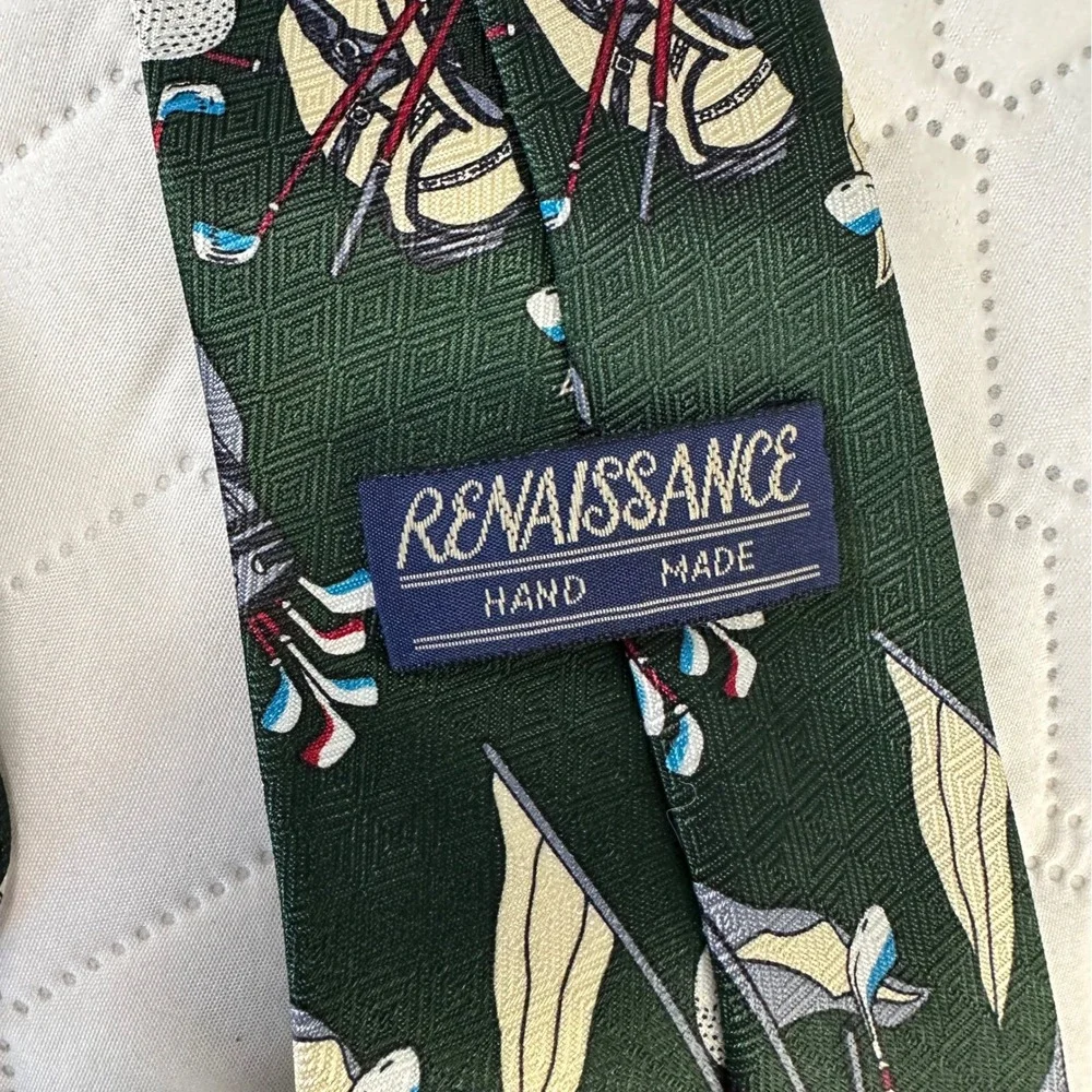 Renaissance Golf Club Bag Tie Mens OS‎ Green Excellent Hand Made Silk Patterned